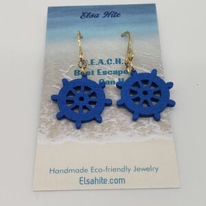 1668- Nautical Ships Wheel Wooden Dangle Earrings Handmade NWT